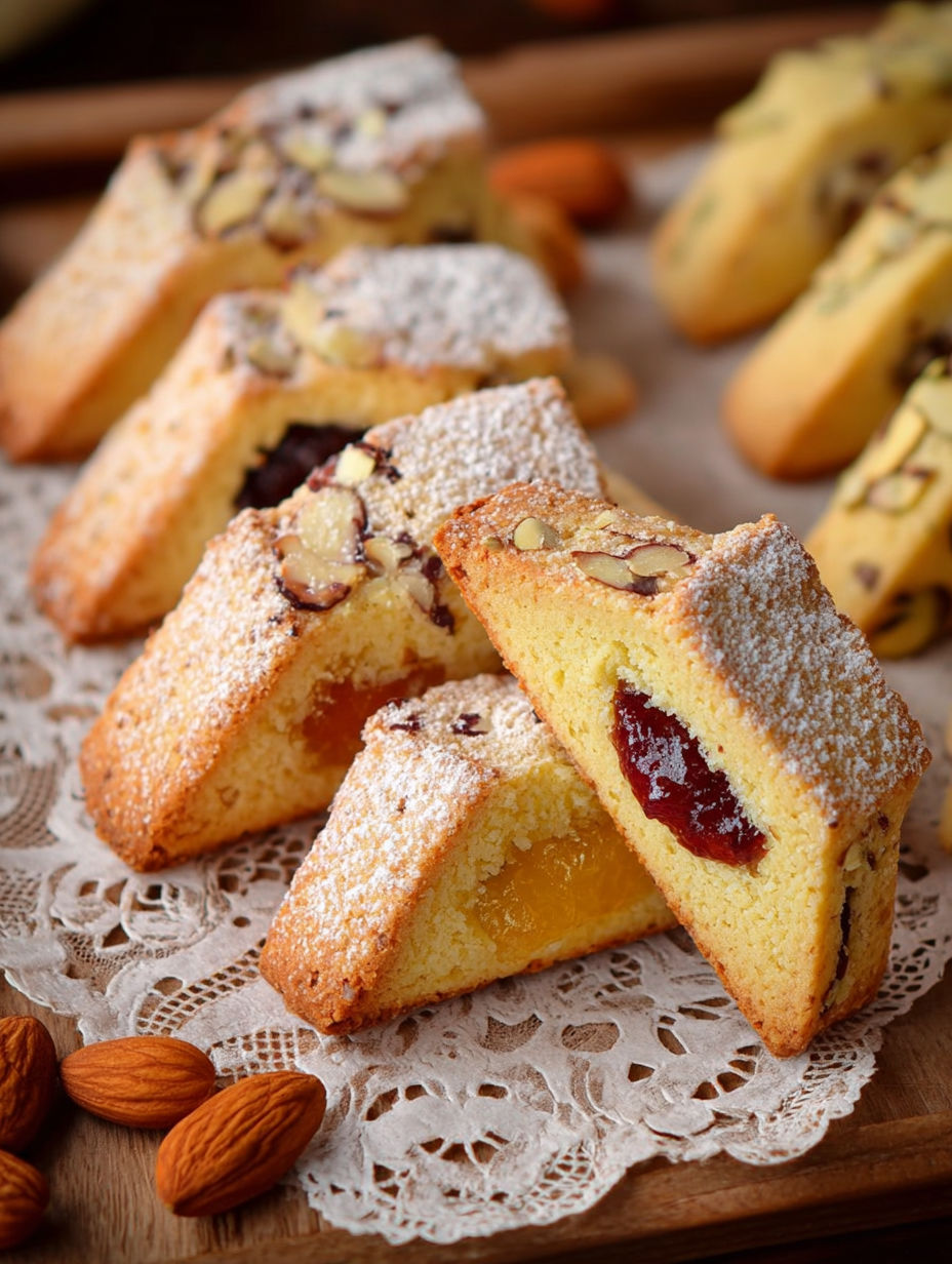 Biscotti di frolla ripieni, une recette italienne de pains d'épices, est servie sur un plateau de damas.