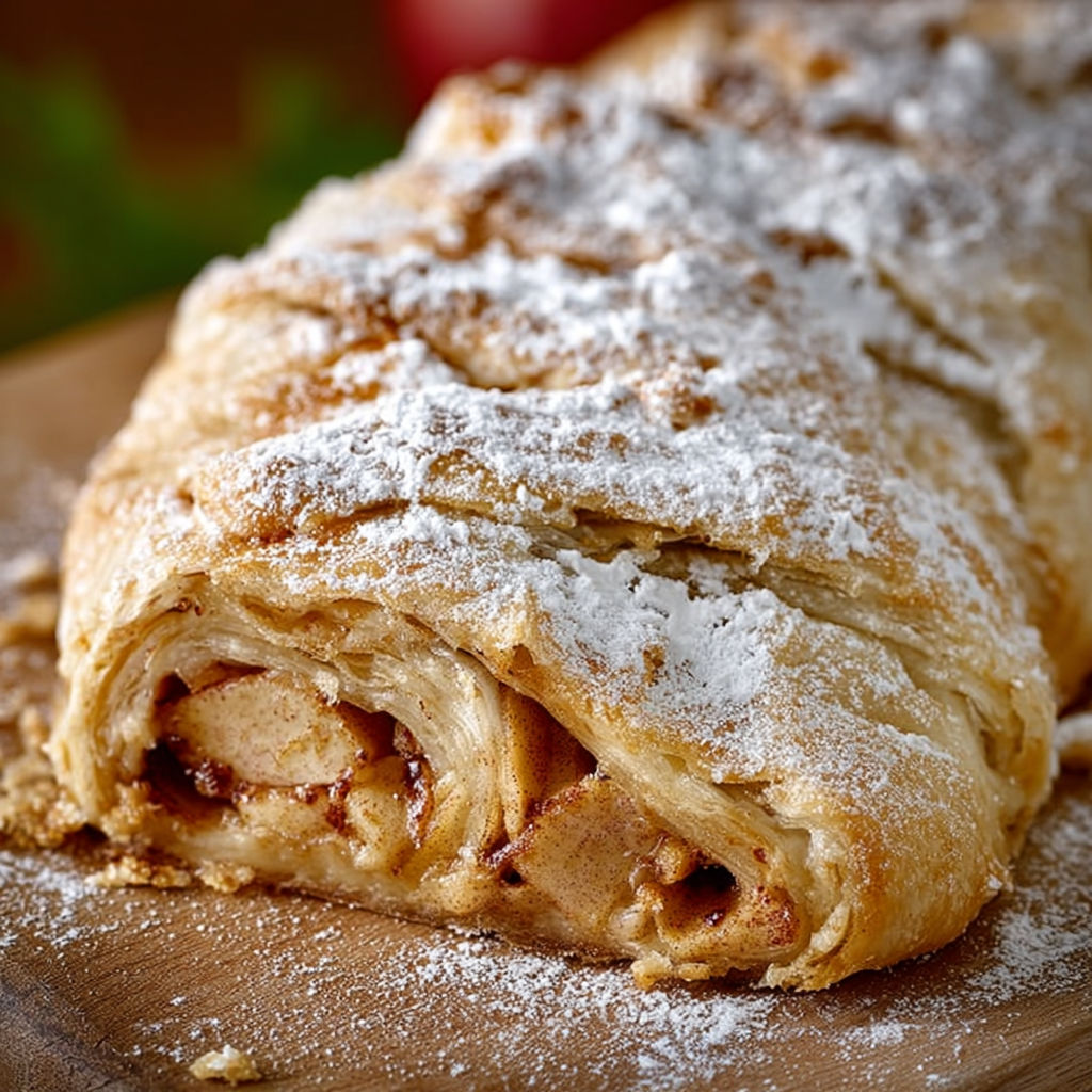 Une tourte de pâte brisée recouverte de sucre et de graines de café, accompagnée d'une pomme.