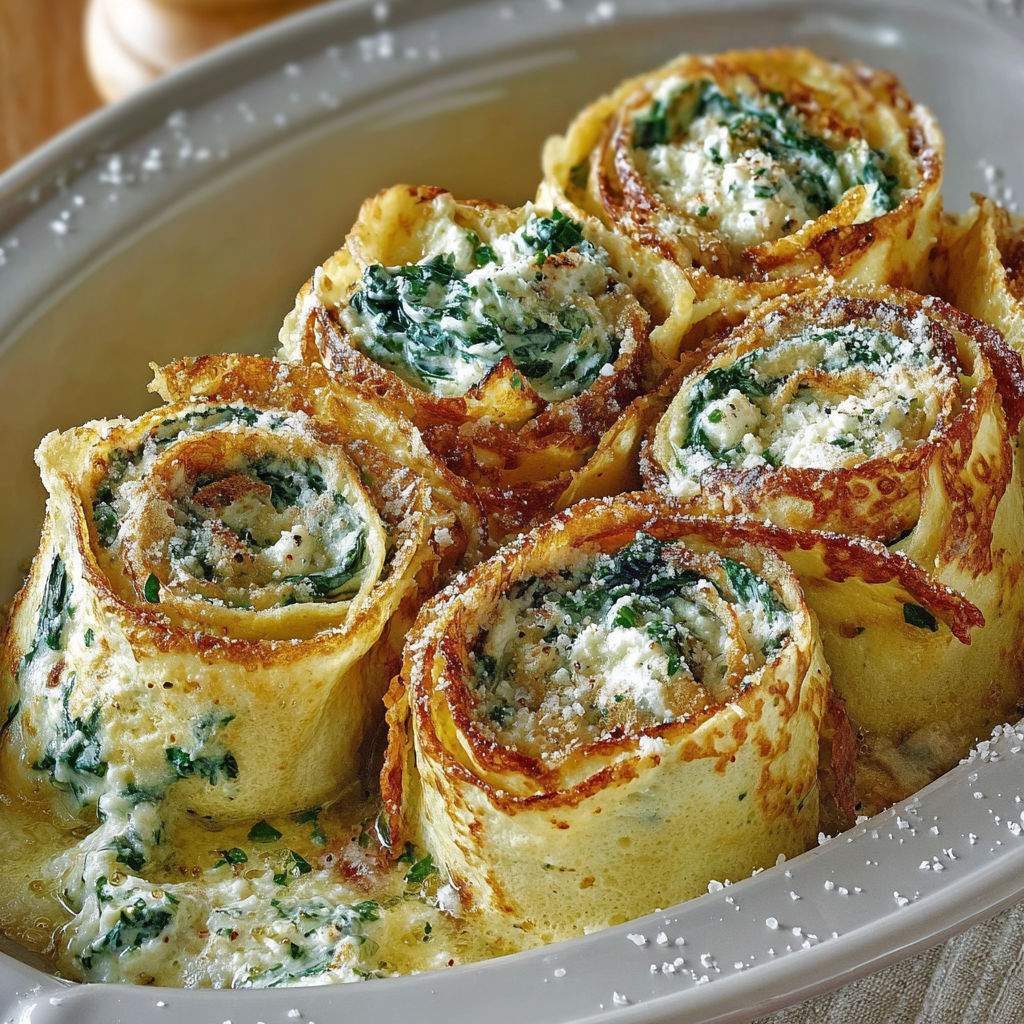 Un plat contenant des rotolo di crespelle con ricotta e biete.
