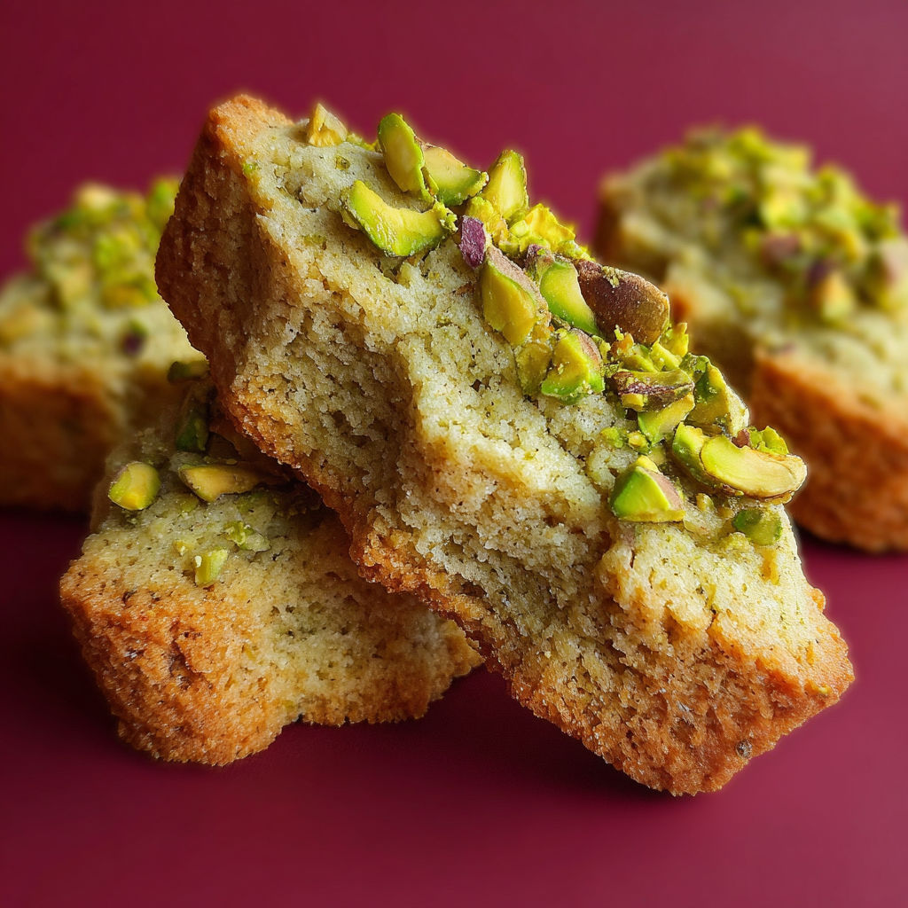 Biscuits with pistachio nuts on a red table.