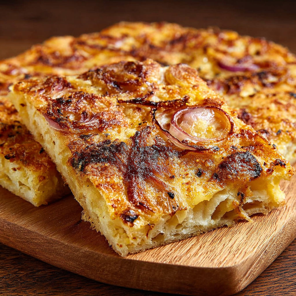 Une portion de Schiacciata alle cipolle, une pizza de pâte brûlée avec des oignons et des cipolles, est servie sur un plateau de bois.