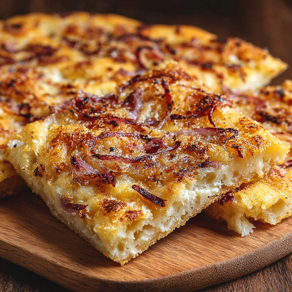 Une pizza maison avec des oignons et du fromage.