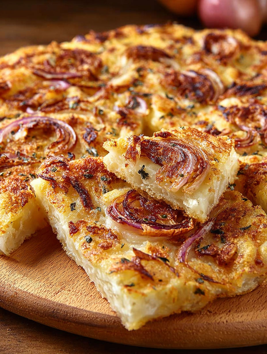 Une pizza maison avec des oignons et des champignons.