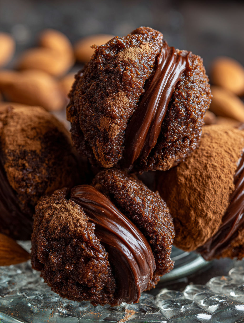 Chocolat chauds enrobés de chocolat fondu, présentés sur un plateau.