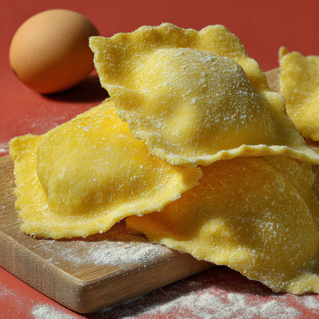 Une pâte à ravioli est sur une planche, avec des œufs et du fromage.