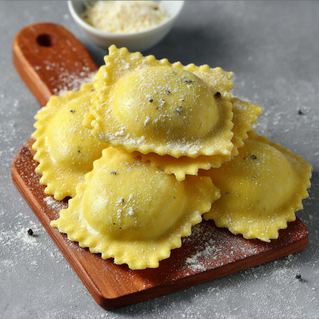 Une pile de raviolis de pâtes avec des herbes et des graines de cumin sur un plateau.