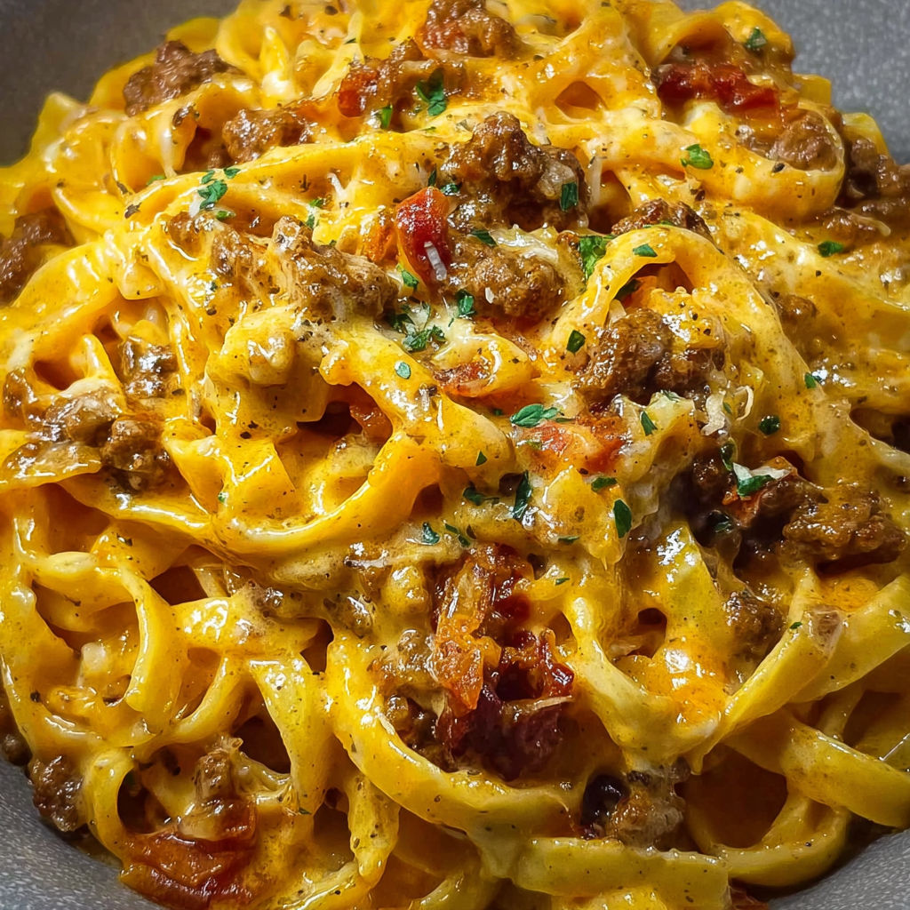 Une recette de fettuccine avec des creme de peperoni, des morceaux de viande, des salicornes et de la cipolle.