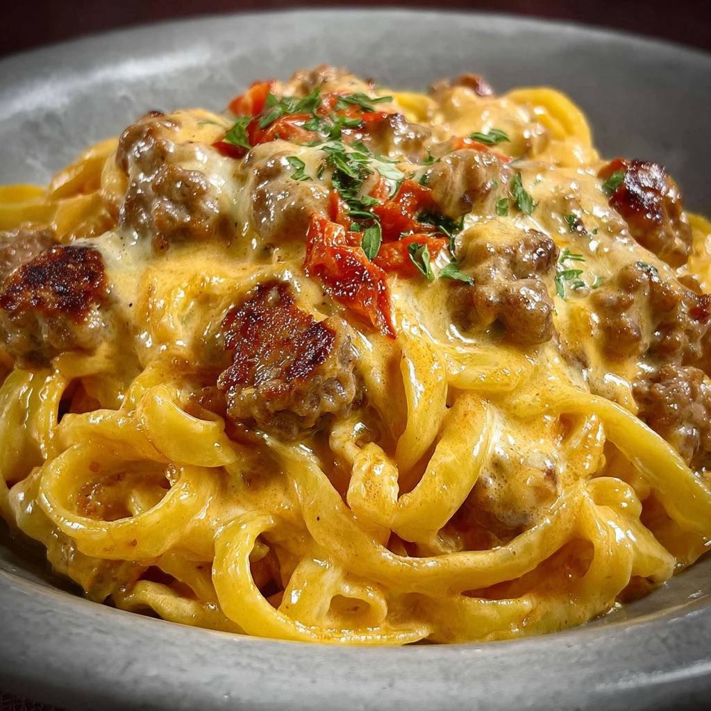 Une recette de macaroni et sauce tomate avec des morceaux de viande.