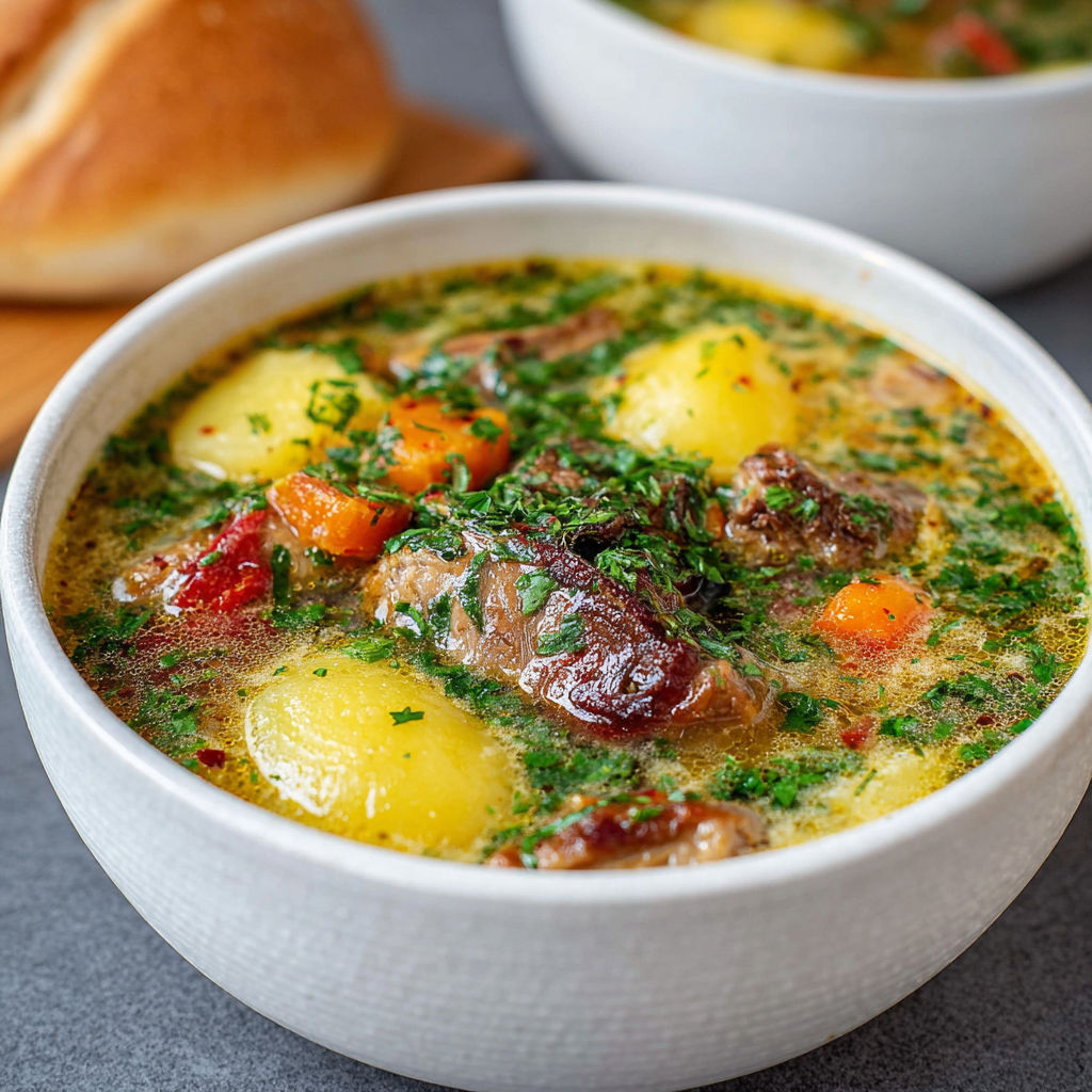 Une casserole de Ciorba Radauteana est servie dans un bol blanc.
