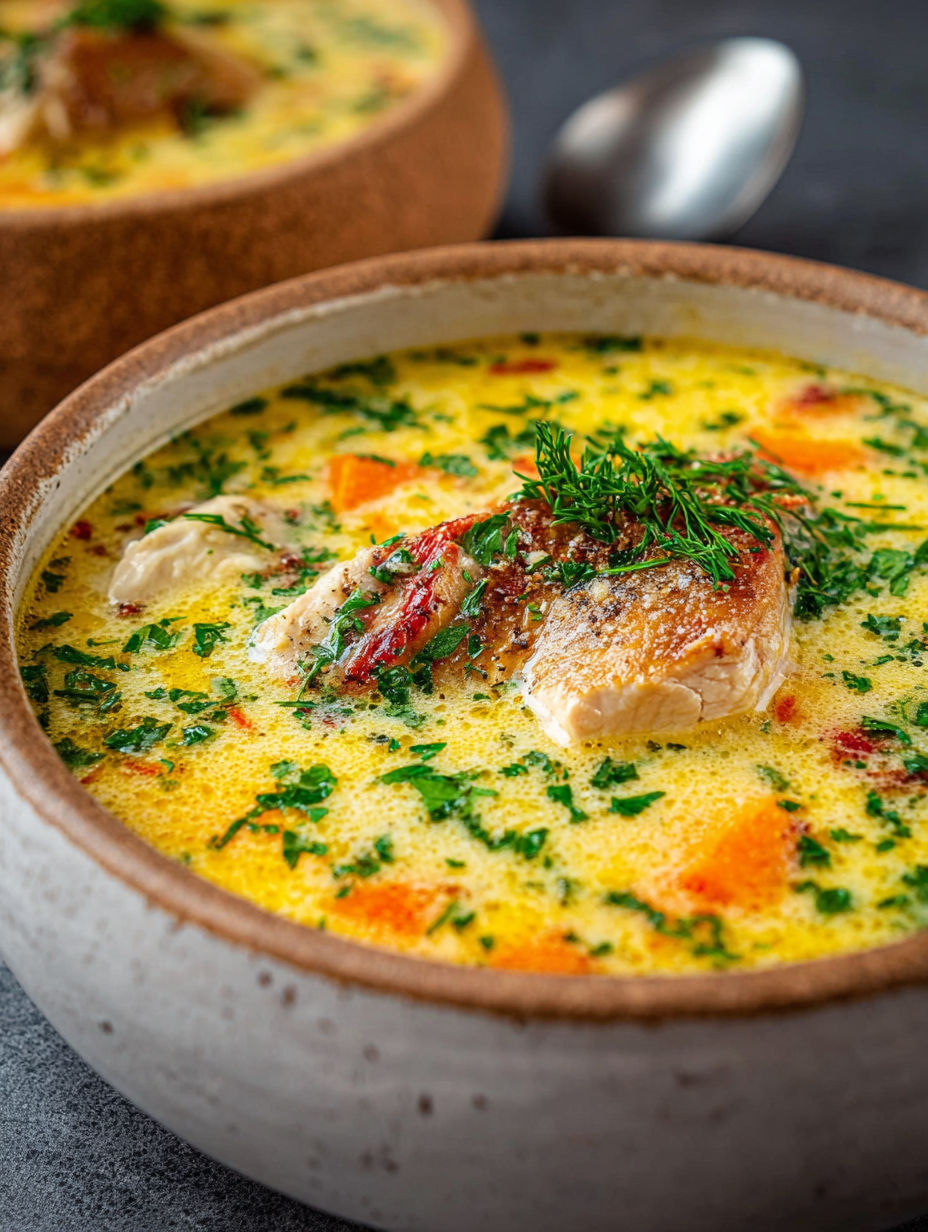 Une soupe chaude avec des légumes et des viandes, prête à être servie.