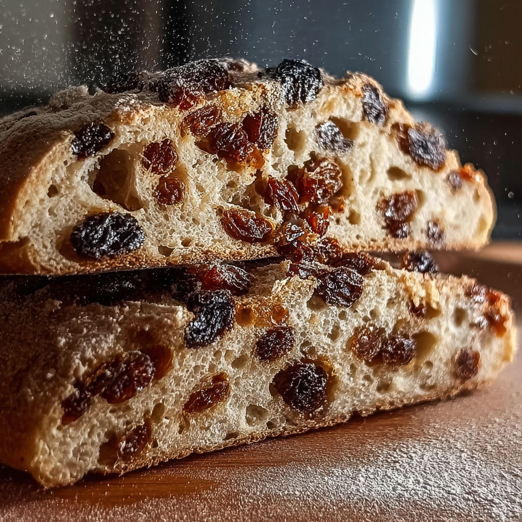 Une tranche de pain Tramvai, avec des fruits secs et des raisins, est posée sur une table.
