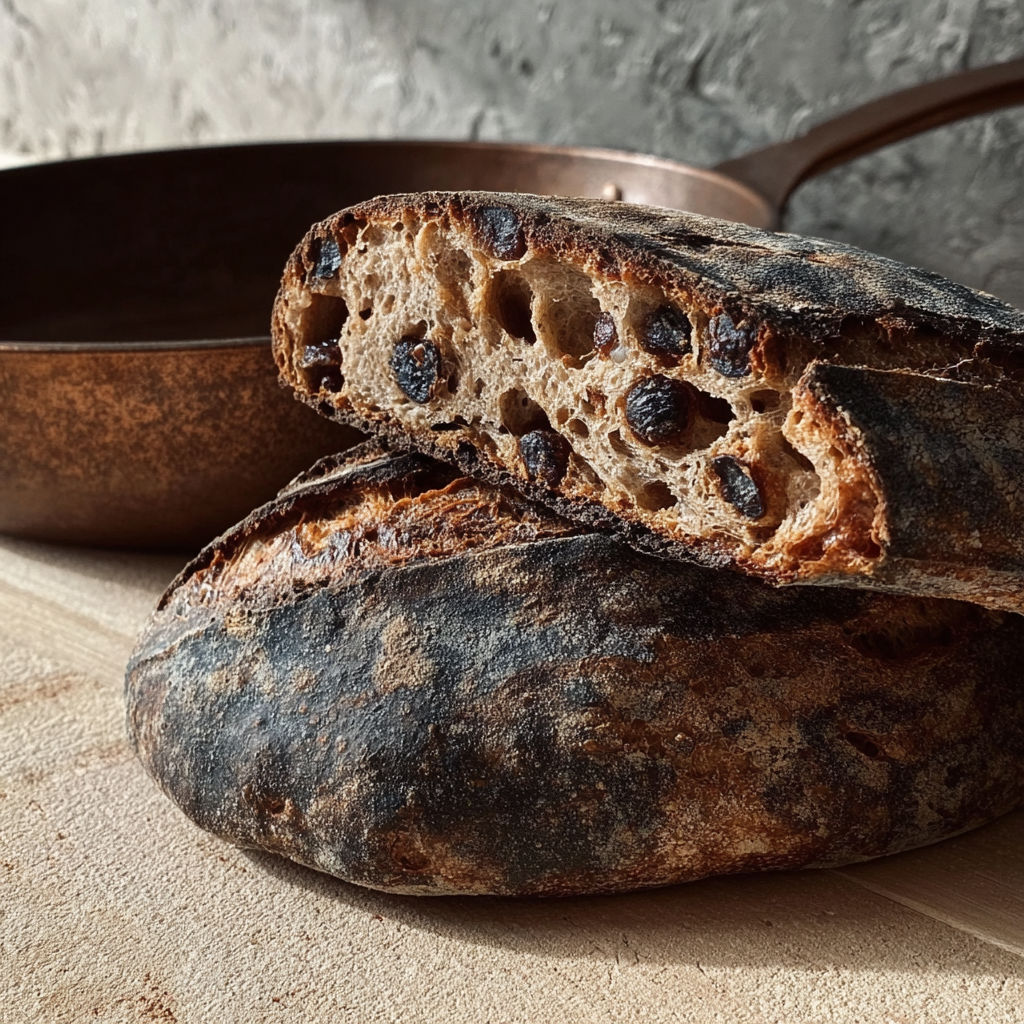 Une pâte de pain brûlée est servie sur un plateau en métal.