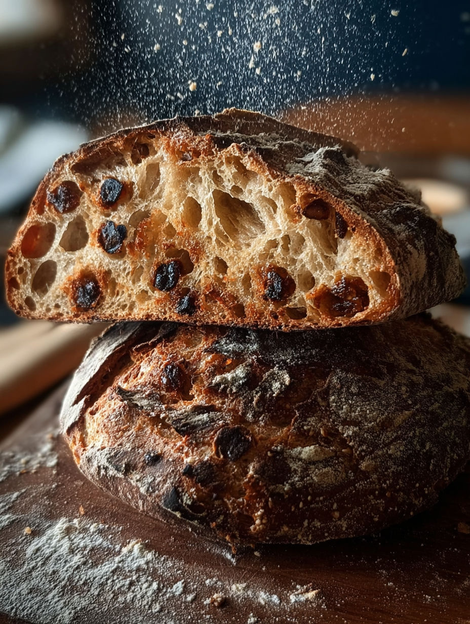 Une pâte de pain de campagne, avec des grains de café, est sur une table.