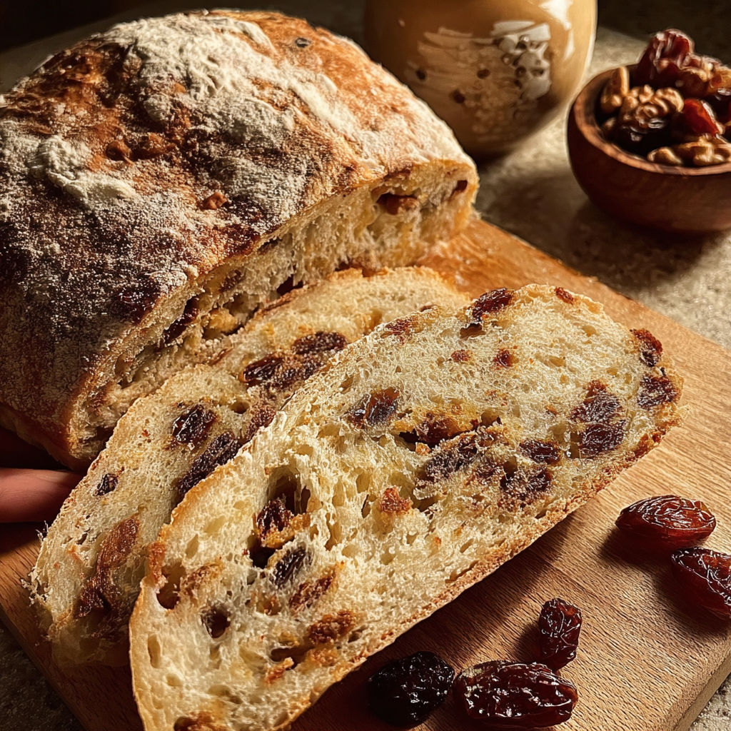Une baguette de pain de seigle avec des raisins sur une planche de bois.