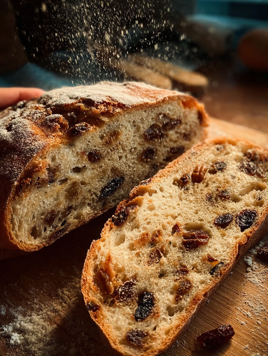 Une baguette de pain avec des baies de cranberry sur une table.