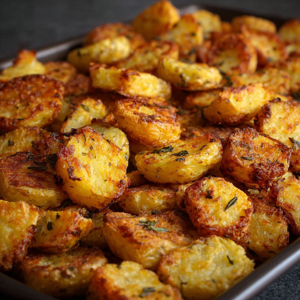 Une recette de patates al forno croccanti et fritte, avec une touche de sauce gusteuse, est servie dans un plat.