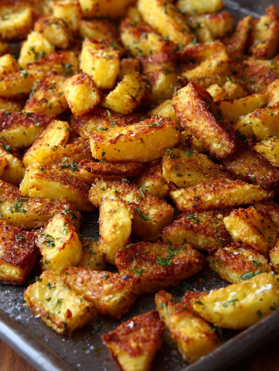 Une pile de pommes de terre frites avec des herbes et des épices, prêts à être servies.