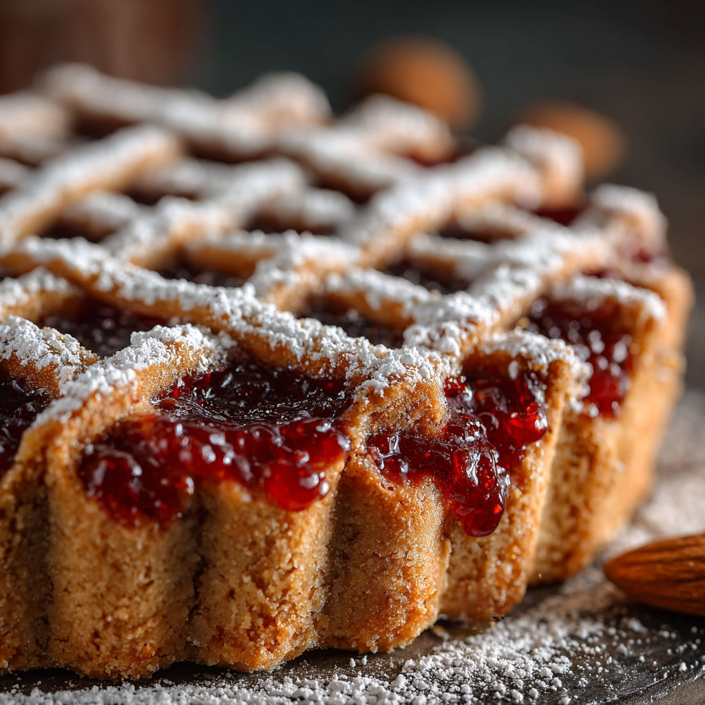Une torta Linzer, la ricetta originale, est servie sur une plaque de verre.