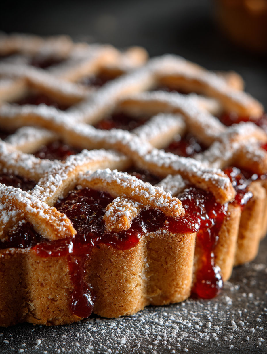 Une tarte aux fruits rouges et beurre de cacahuète, garnie de sucre et de crème pâtissière, est servie sur une table.