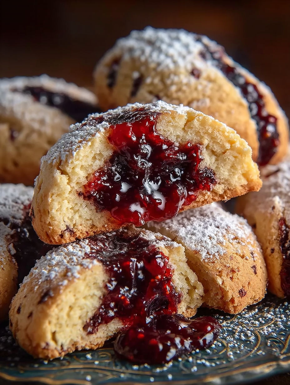 Deserts with a jelly filling, powdered sugar, and a berry sauce.