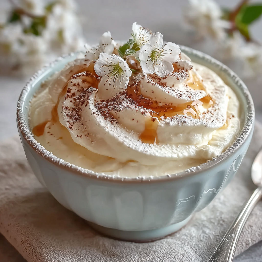 Une tarte aux fruits et crème, garnie de fleurs de cerisier, est servie dans un bol bleu.