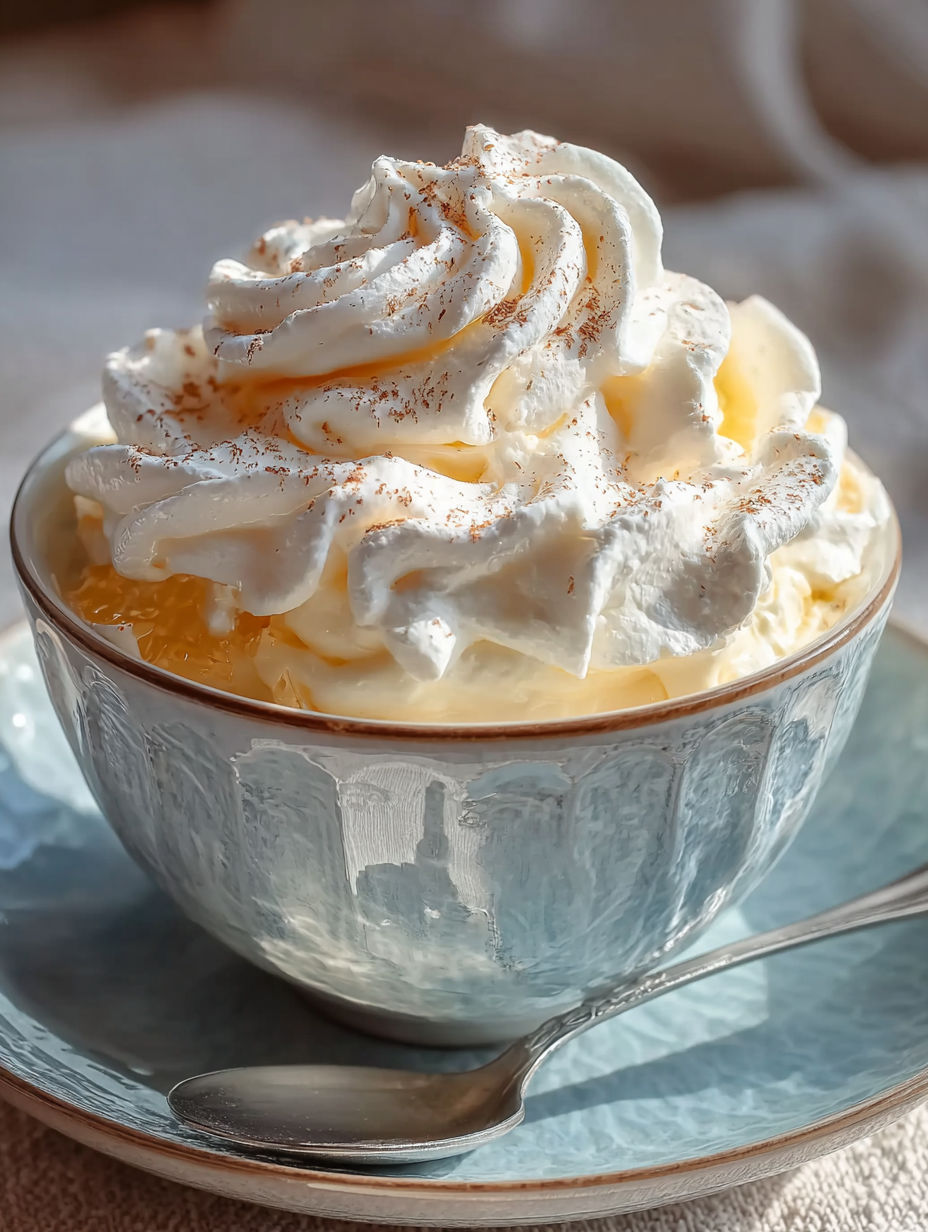 Une tasse de crème chantilly avec des flocons de cinnamon sur le dessert.