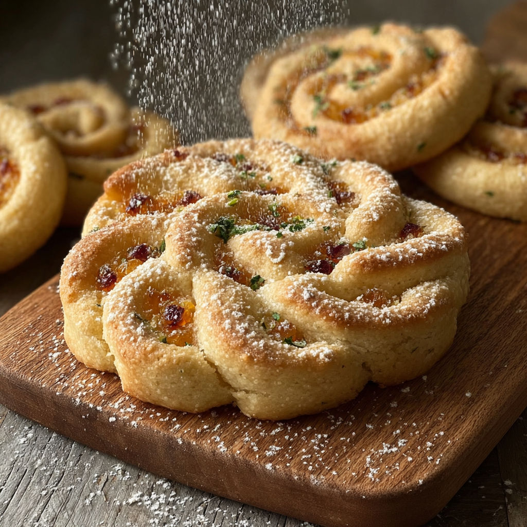 Une pâte à crêpes est sur une planche de bois, avec des crêpes en forme de spirale et des herbes vertes sur le dessus.