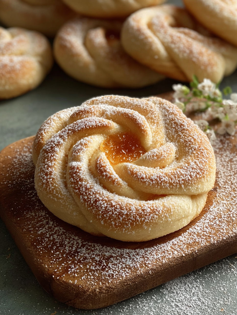 Une petite tarte aux pommes est servie sur un plateau de bois avec des flocons de sucre.