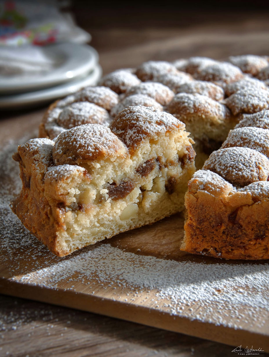 Une tarte aux fruits et aux noix, servie sur un plateau de bois.
