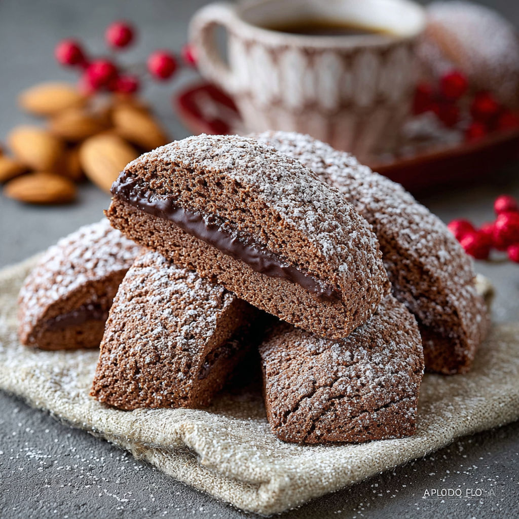 Biscotti di Natale morbidi al cacao e spezie, une recette italienne, est servie sur un plateau avec des fruits rouges.