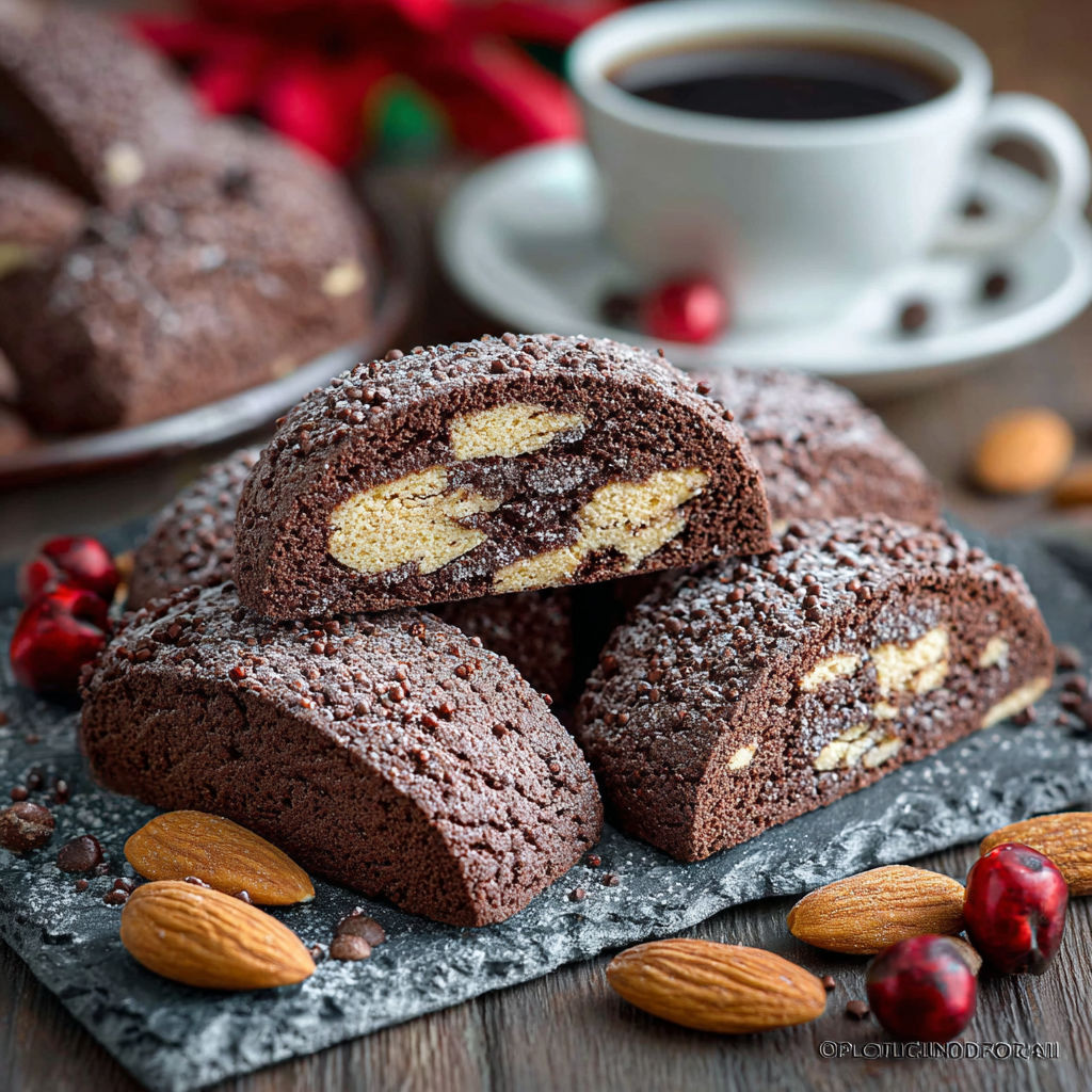 Une tarte aux amandes et au chocolat, accompagnée d'une tasse de café, est servie sur une table.