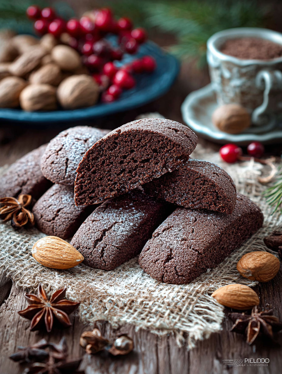 Une pile de gâteaux de chocolat sur un plateau, accompagnés de noix et de baies.