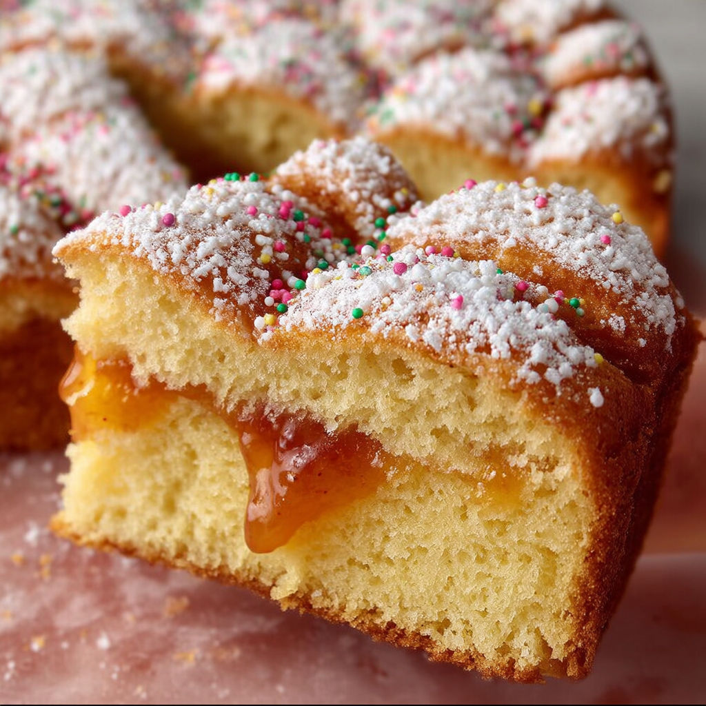 Une tarte mordue avec des confettis sur un plateau.