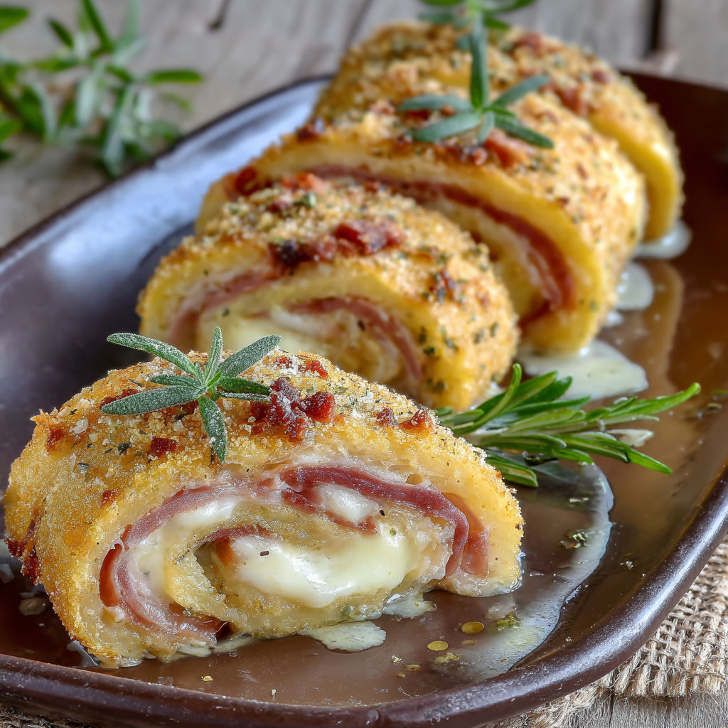 Une recette de roulades de saucisson et de fromage, servies sur un plateau en verre.