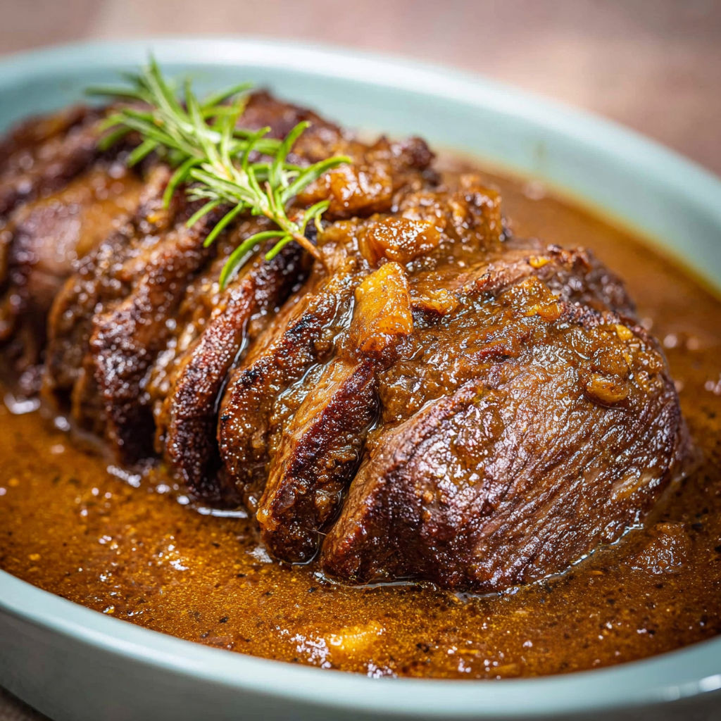Une viande rôtie dans un bol avec une herbe fraîche.