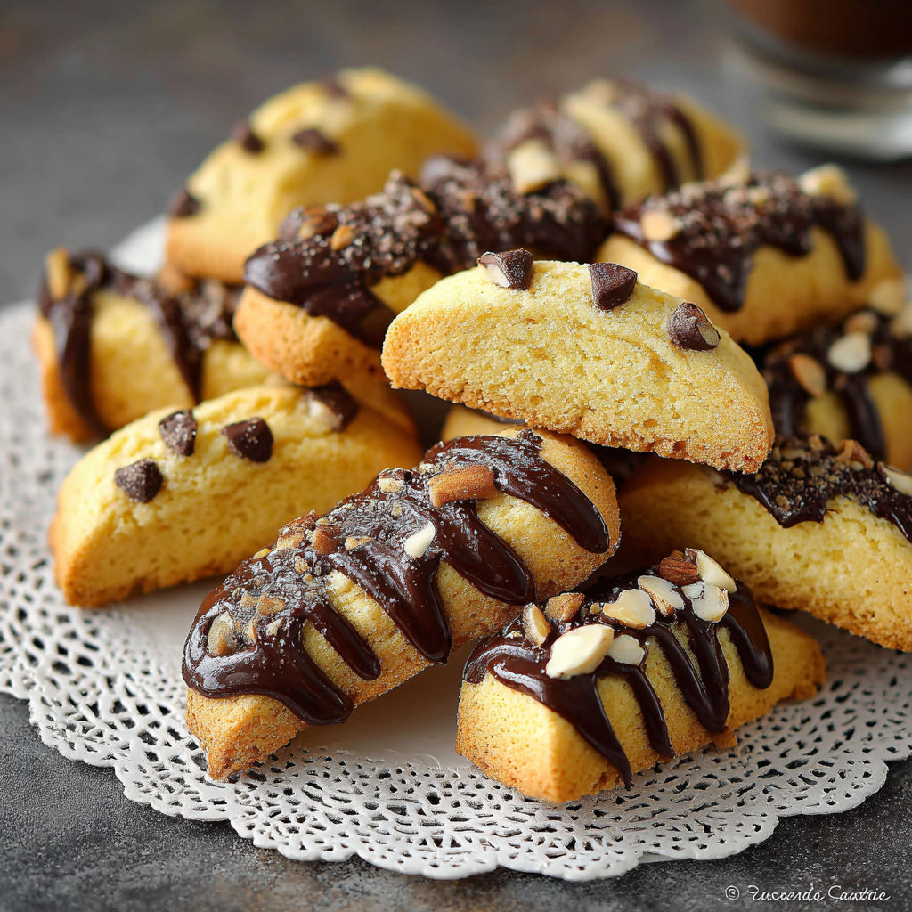 Une délicieuse tarte aux amandes, recette "Amandes et chocolat" sur un plateau de porcelaine.