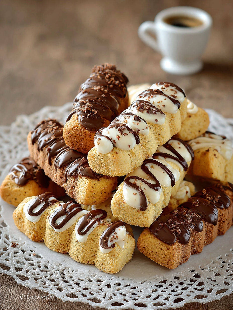 Une pile de biscuits trempés dans du chocolat et des crêpes, accompagnés d'une tasse de café.