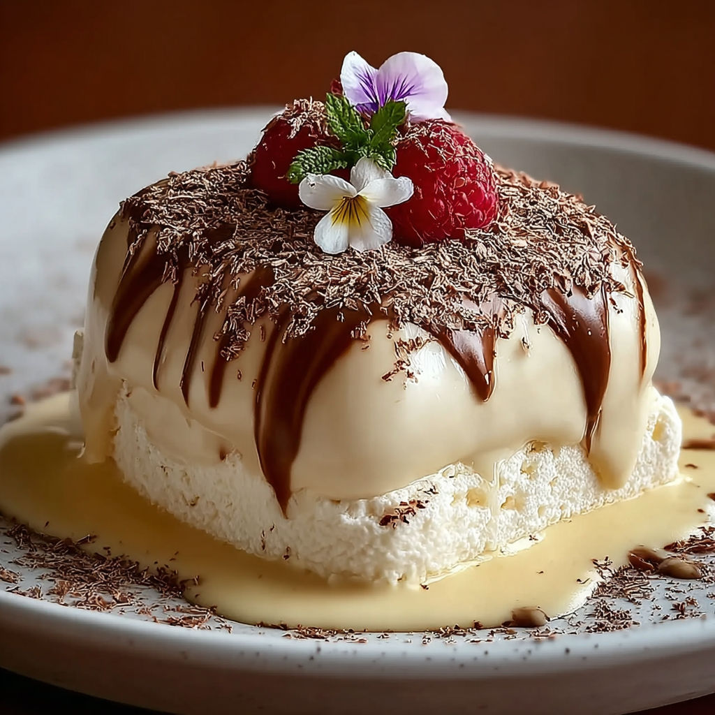 Un dessert garnie de fruits et de chocolat, appelé Semifreddo allo zabaione goloso.