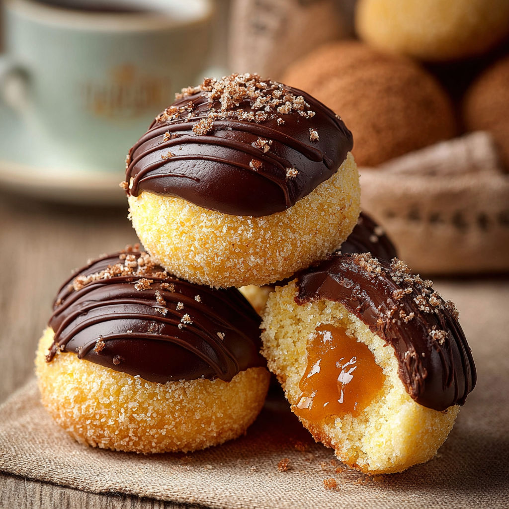 Desserts with chocolate and jelly toppings, such as éclairs, are displayed on a table.