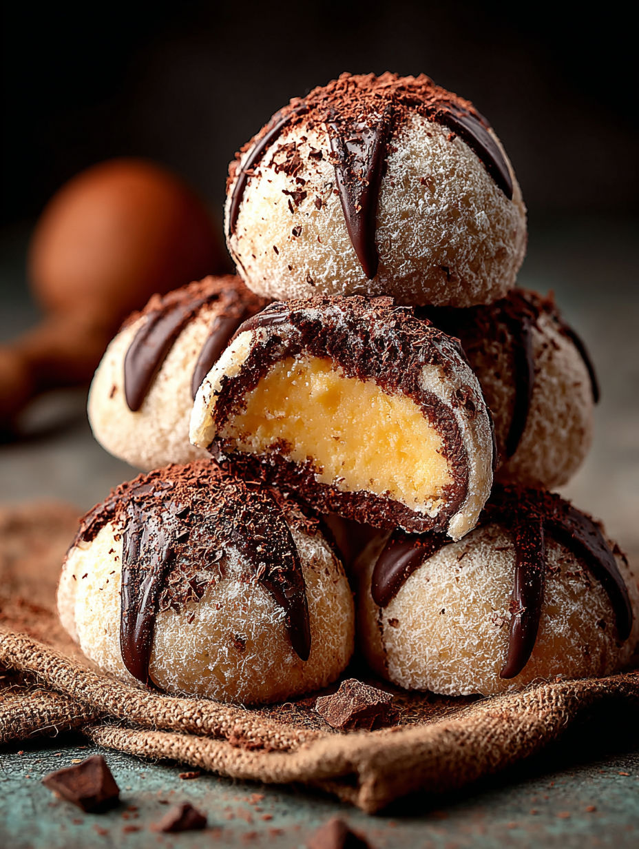 Deserts de chocolat et de crème pâtissière, piled sur un tapis de laine.