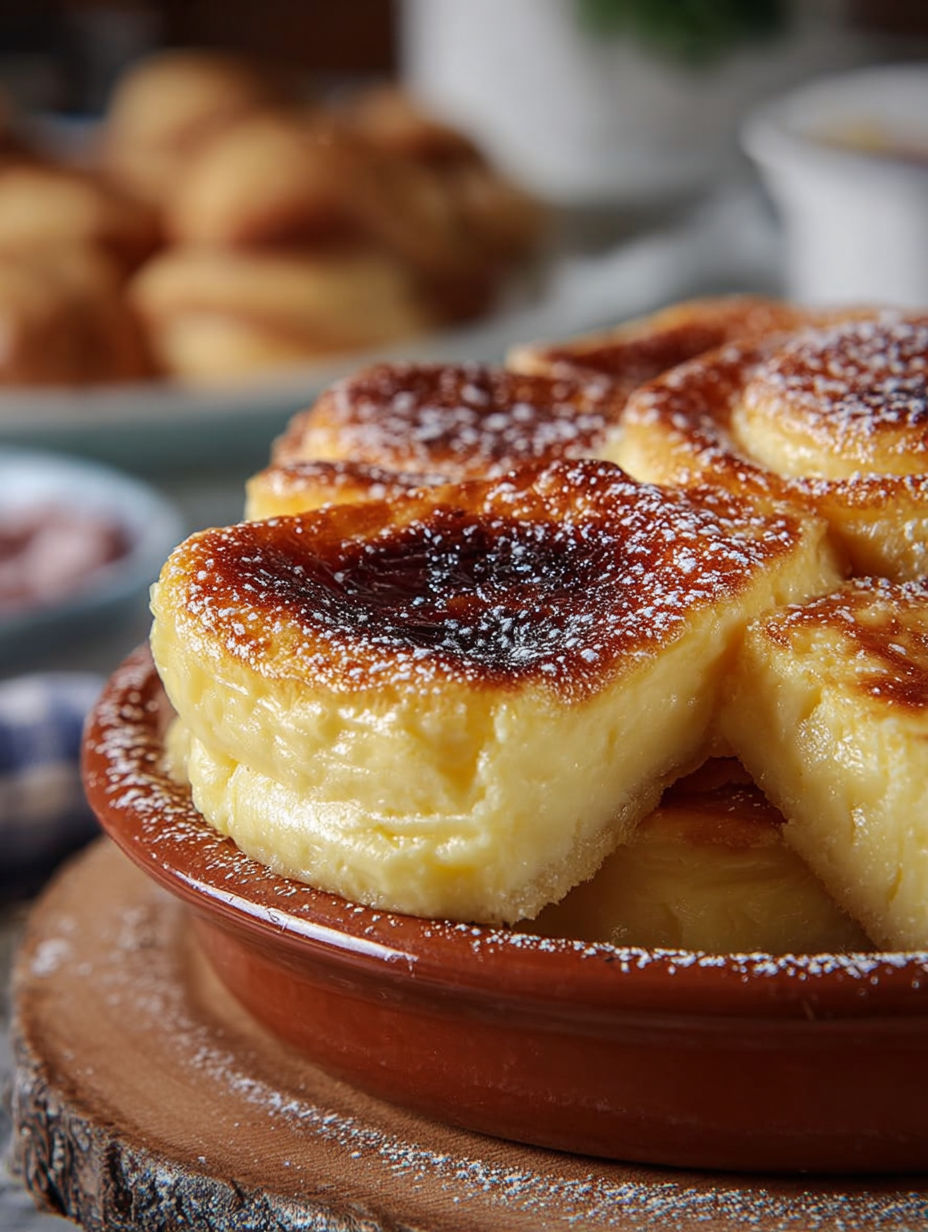 Une tarte aux pommes en forme de boule, garnie de sucre en poudre et de beurre fondu, est servie dans un bol en terre.