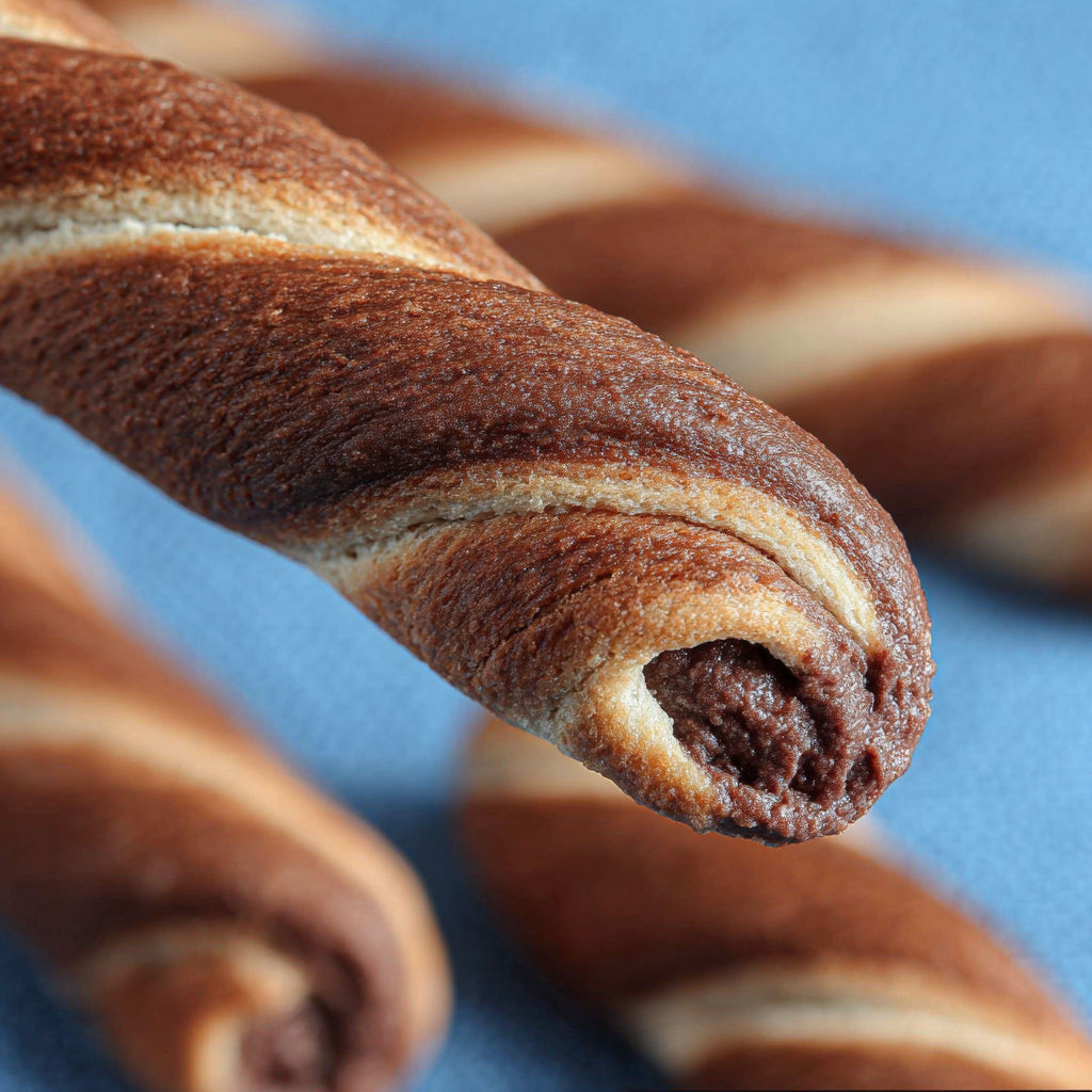 Une baguette de pain grillé avec une sauce chocolat.