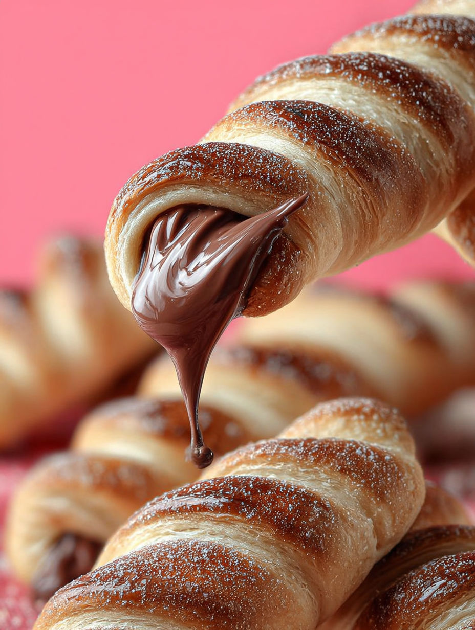 Une pâte chocolat est déversée sur des croissants, créant une délicieuse tarte aux croissants.
