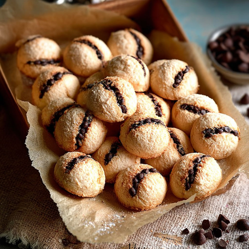 Une boîte de cookies chocolat avec des noix de cacao sur le dessus.