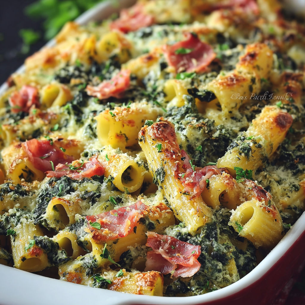 Une recette de macaroni au bacon et aux herbes.
