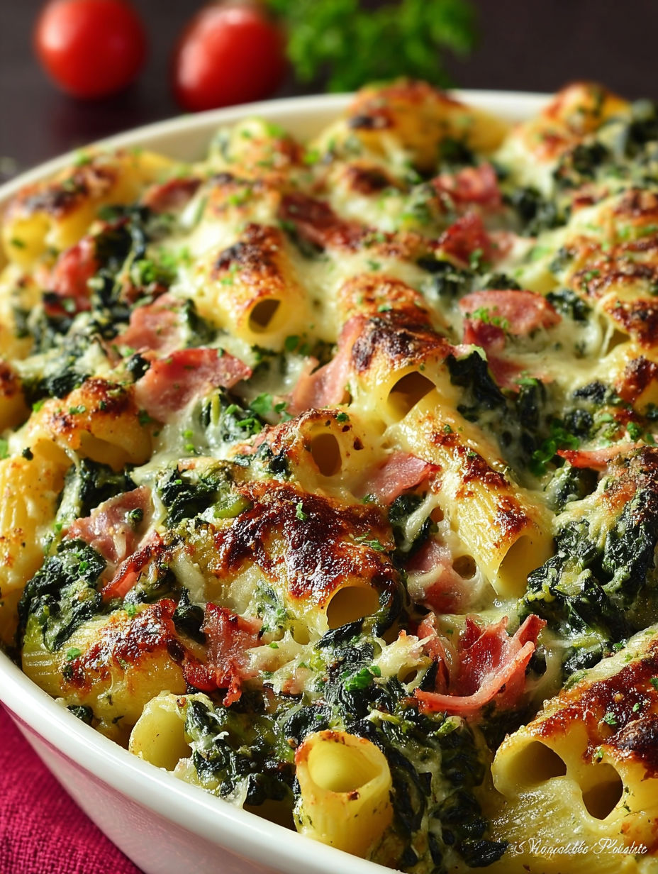 Une recette de lasagna maison avec des pâtes, des légumes verts et des bacon.