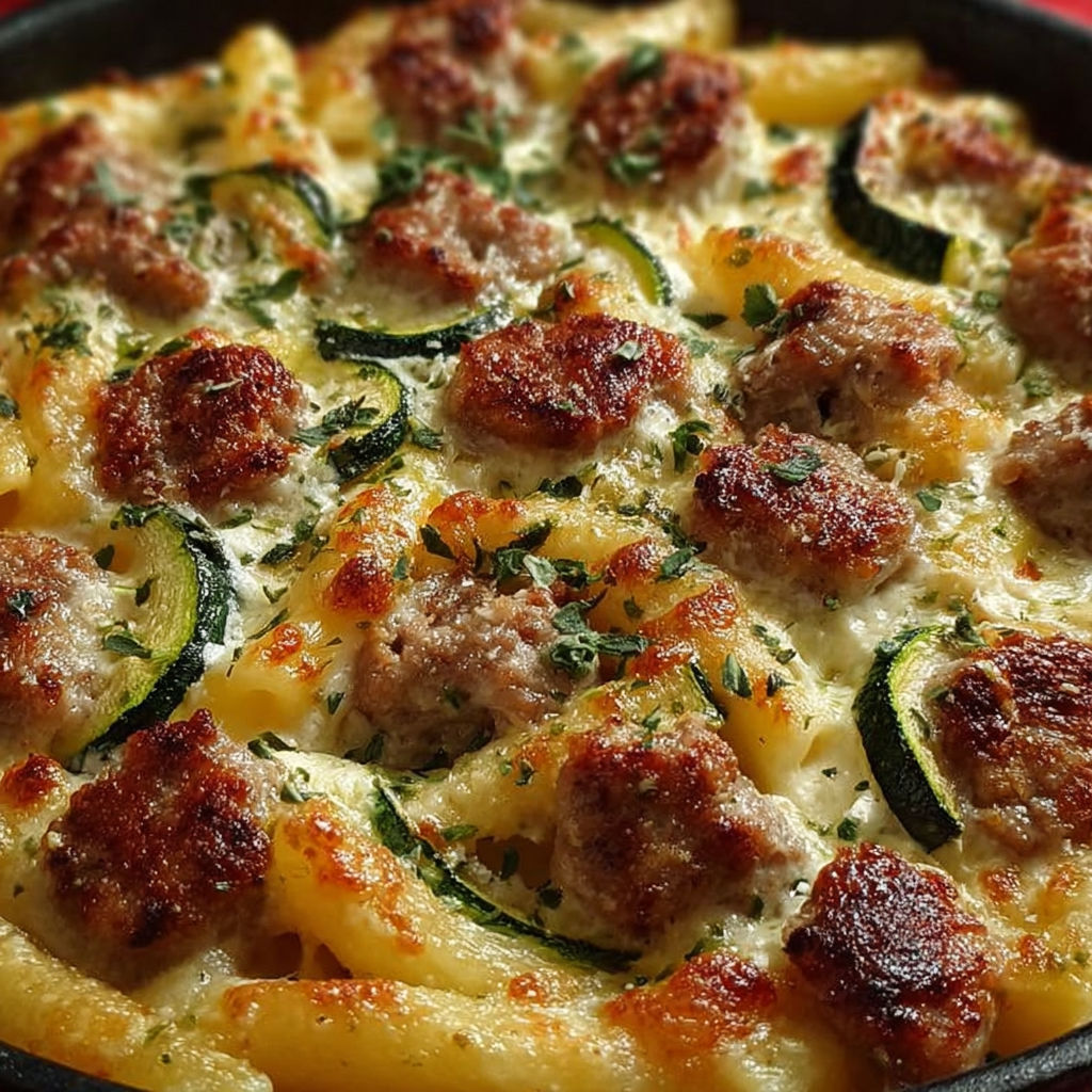 Une recette de macaroni et zucchini avec des saucisses et des herbes.