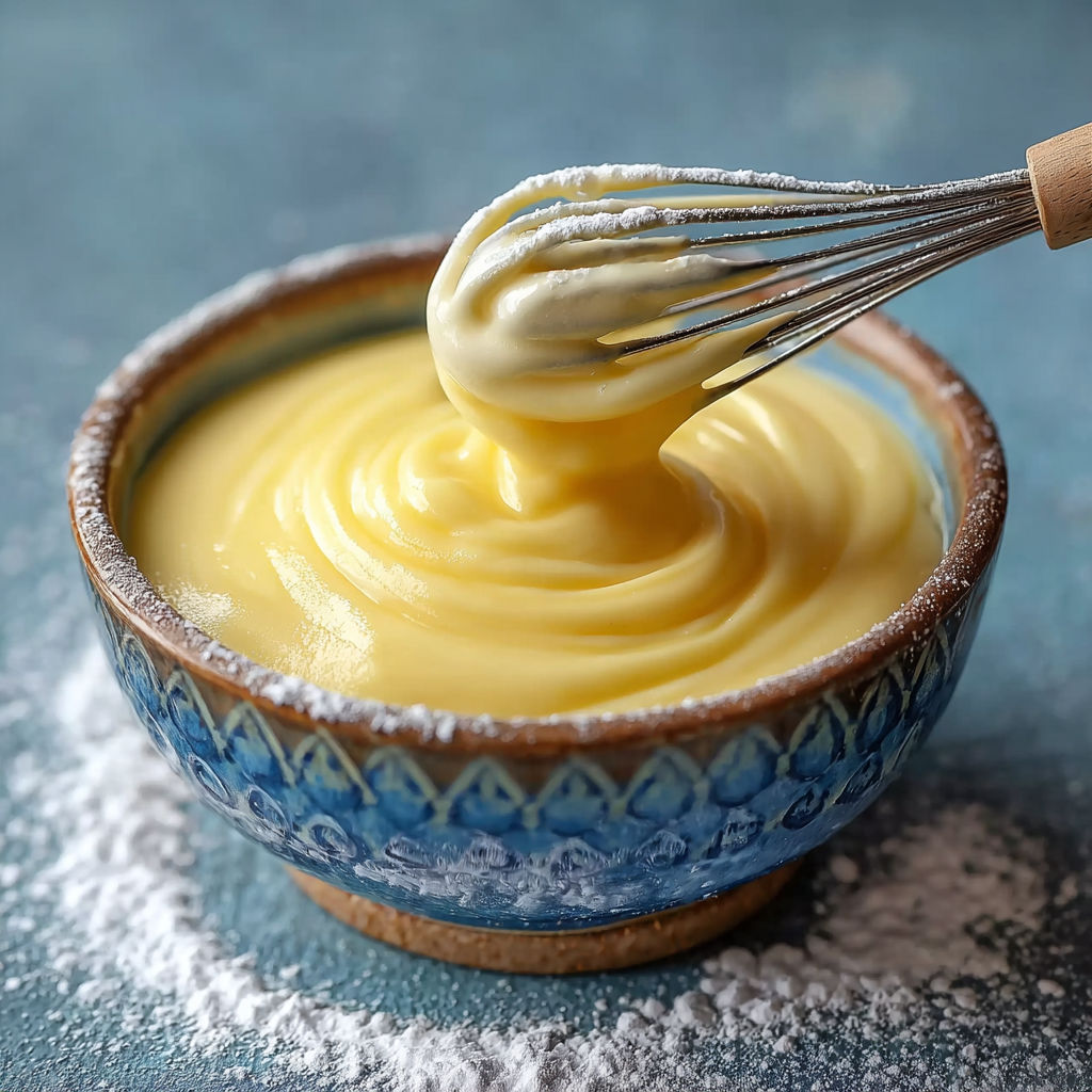 Une pâte de beurre est versée dans un bol bleu et orangé.