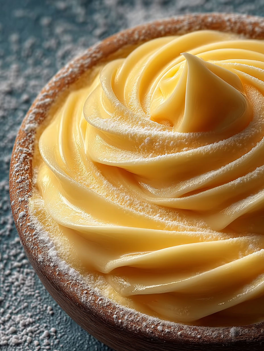 Une tarte aux fruits de mer en forme de boule, avec une crème pâtissière et des fruits de mer sur le dessus.