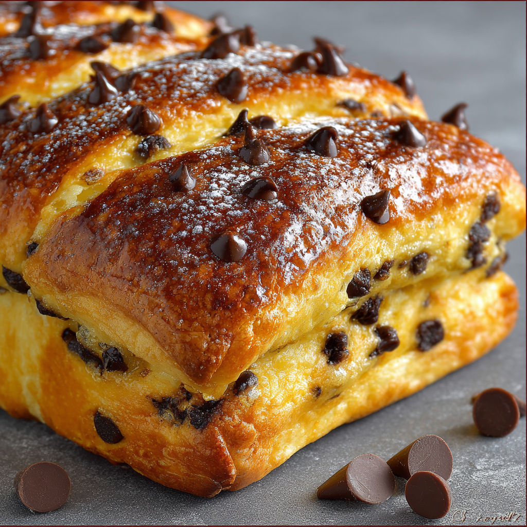 Une baguette de pain trempée dans du chocolat fondu, avec des chocolats sur le dessus.